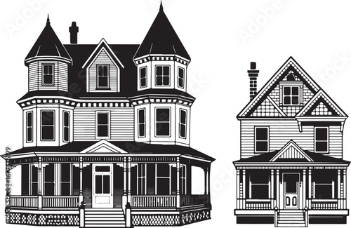 A set of two black and white vector illustrations showcasing detailed vintage Victorian houses, from a grand mansion to a classic cottage.