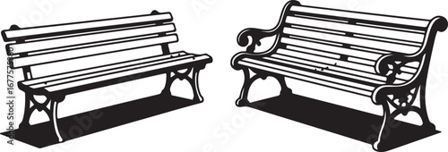 A set of two black and white vector illustrations of classic park benches with a rustic and ornate cast iron design.