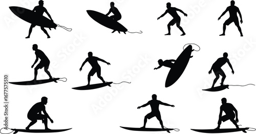 Surfer silhouette action poses, surfing stance variations, beach lifestyle illustration, ocean sport activity, coastal adventure art, summer water sports vector design