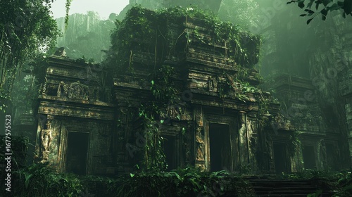 An ancient temple overgrown with lush vegetation, embodying a mystical atmosphere and a blend of nature and architecture.