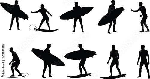 Surfer silhouette poses, surfing stance variations, beach lifestyle illustration, surfboard holding positions, ocean sport activity, coastal adventure art, vector water sports design