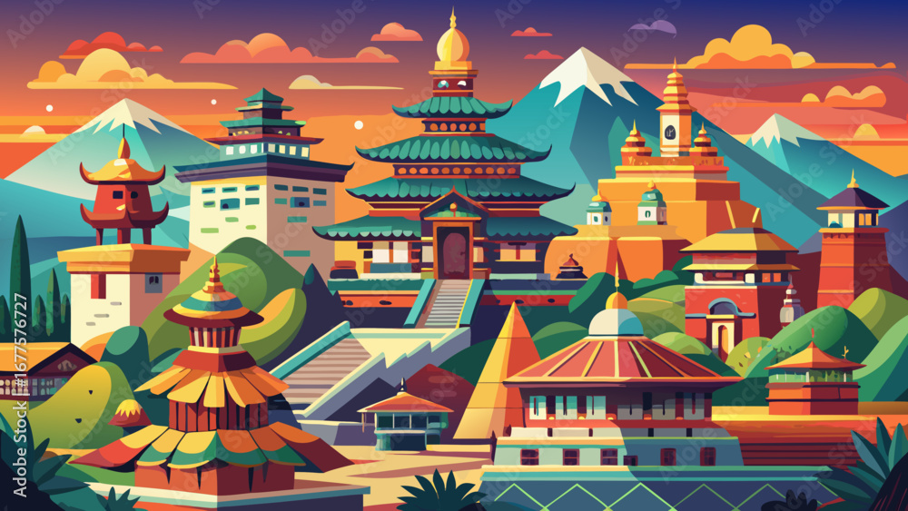 Fototapeta premium The Kathmandu Valley in Nepal radiates cultural richness, where palaces, pagoda temples, and stone sculptures display centuries of Himalayan artistry and spiritual devotion across historic royal squar