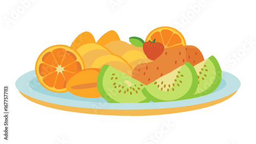 Delicious fruit platter with oranges, kiwi, strawberries and mango for healthy eating and snacks on plate