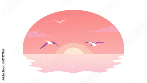Seascape sunset vector illustration with flying seagulls and ocean waves for travel and nature designs