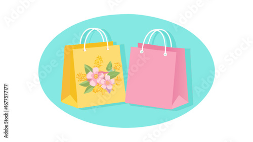 Shopping bags vector illustration for retail and gift purchase concept in yellow and pink pastel colors