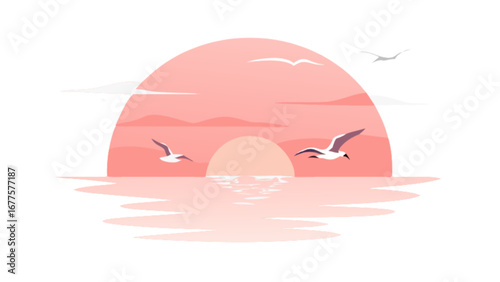 Beautiful sunset ocean view with flying seagulls vector illustration background image design graphic art