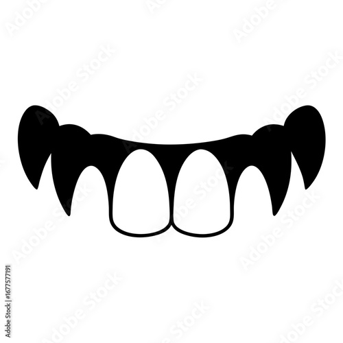 Stylized vampire teeth, mouth with prominent fangs, black and white design
