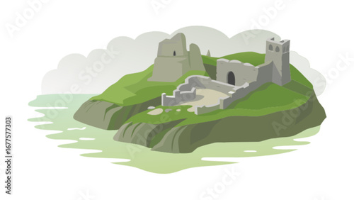 Illustration of a coastal castle ruins on a green island with ocean and cloudy sky landscape view drawing