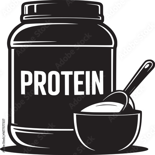 A black and white illustration of a protein container with a scoop of powder next to it graphic