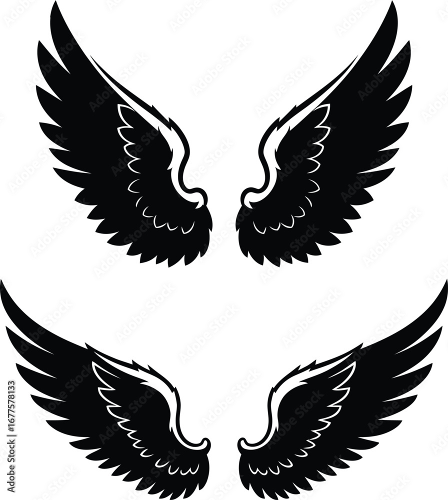 Obraz premium Black Angel Wings Pair Vector Design with Feather Details for Creative Use and Symbolic Illustration