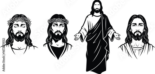Jesus Christ vector set showing different facial expressions and full body illustration for religious design and Christian art