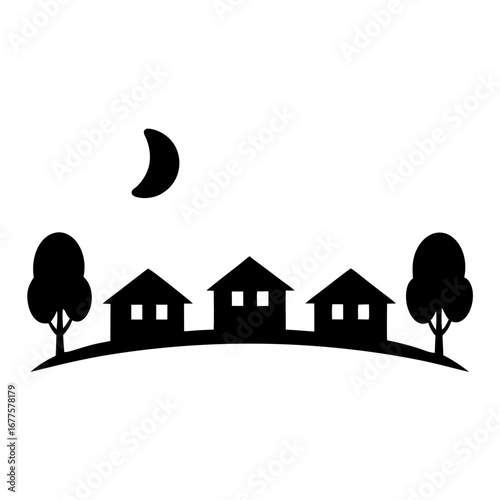 Nighttime Silhouette of Houses and Trees Under Crescent Moon, a peaceful view