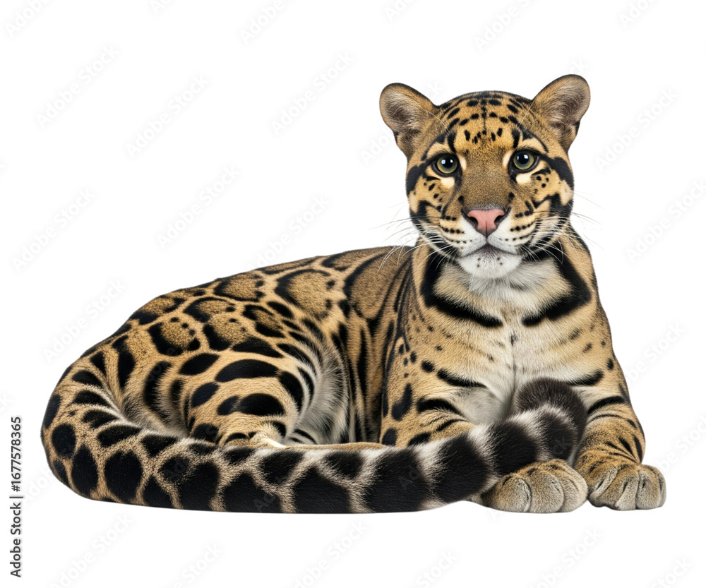 Obraz premium A majestic clouded leopard is captured in a resting position on a clean, white background.