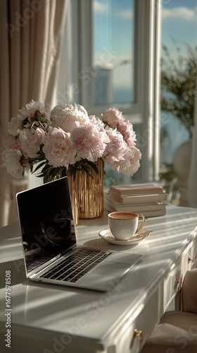 Bright Workspace With Peonies and Coffee in Sunlit Room