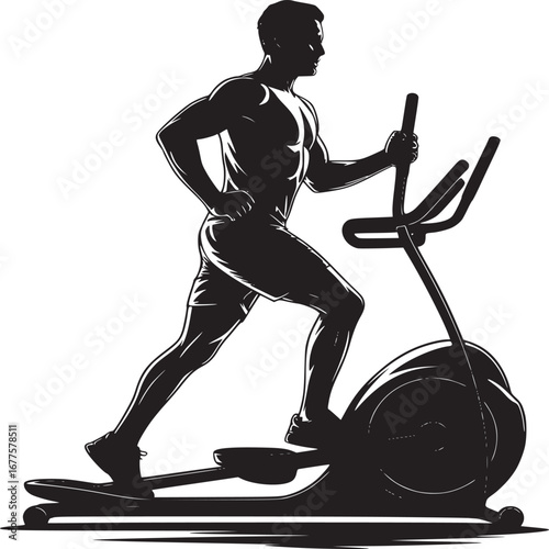 Silhouette of a muscular man using an elliptical machine for a workout on a white background