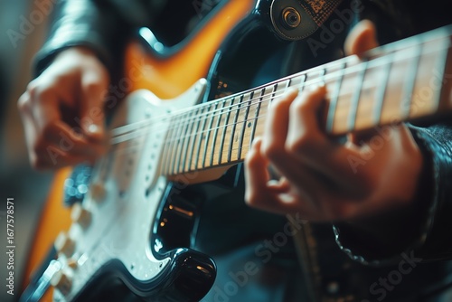 Musician Plays Electric Guitar With Passion in Vibrant Atmosphere During Even...
