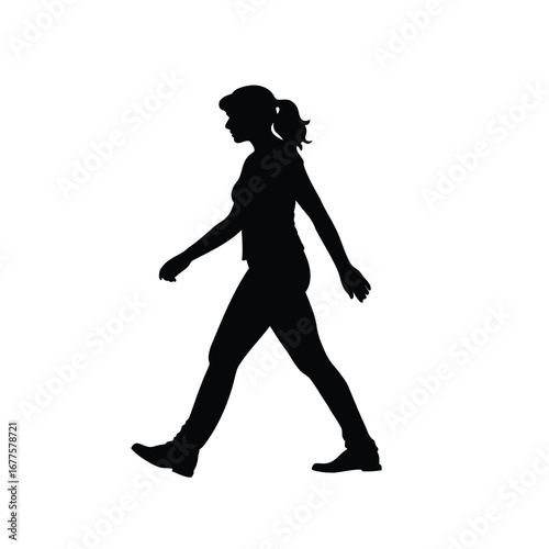 Silhouette of a woman walking forward, showing movement and casual attire, a woman walking silhouette vector illustration