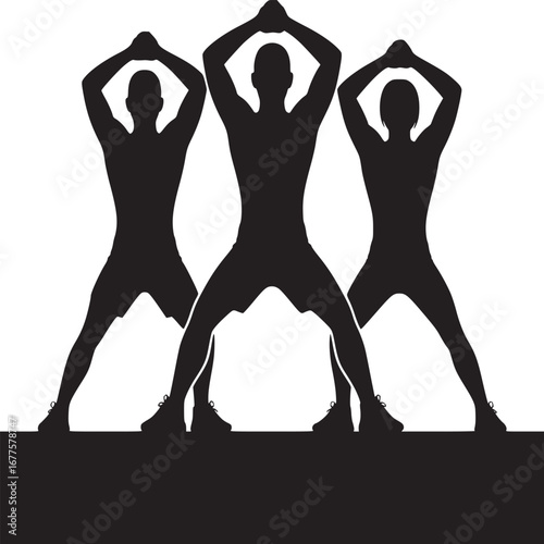 Three silhouetted figures performing synchronized overhead arm stretches in a black and white image