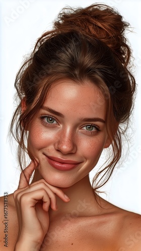 Young Woman With Freckles Smiling and Posing Softly in Front of a Neutral Bac...