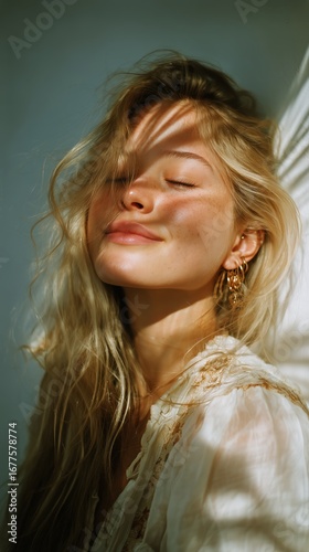 Young Woman Enjoying Peaceful Moment With Soft Sunlight and Gentle Shadows in...