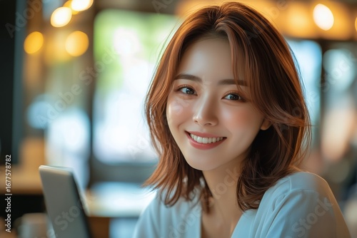 Smiling Woman at Modern Cafe Enjoying Coffee During Daytime With Warm Ambiance