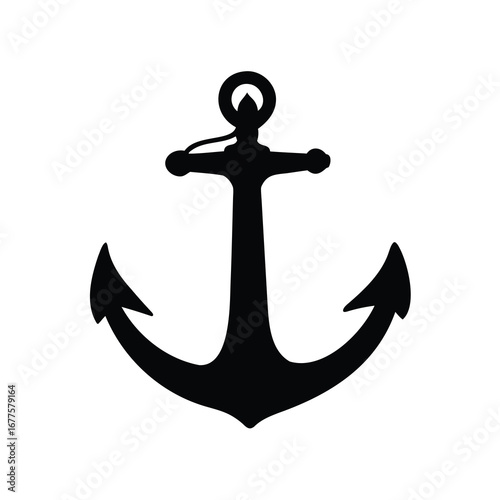 Monochrome illustration of a simple, stylized anchor with a classic design, in black, anchor symbol silhouette vector illustration