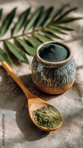 Matcha Powder and Bowl With Bamboo Spoon on Textured Fabric Near Green Leaves
