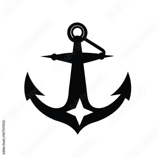 Classic black and white anchor illustration for nautical or seafaring concepts, anchor with star silhouette vector illustration