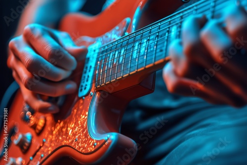 Hands Playing Electric Guitar With Colorful Lighting on Stage During Live Mus...