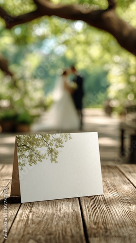 Beautifully Designed Blank Card on Rustic Wooden Table in Vibrant Garden Duri...