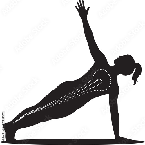 Silhouette of woman in side plank pose with dotted lines illustrating muscle engagement on white background