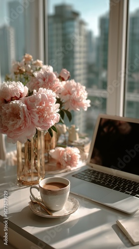 Bright Workspace With Peonies and Coffee in Sunlit Room.