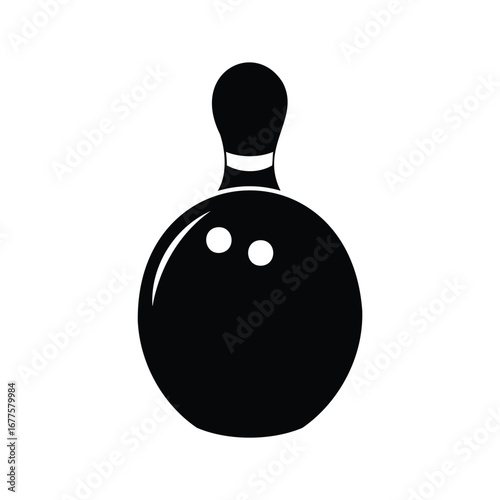 Single black bowling pin isolated on white background, ready to strike, bowling ball silhouette vector illustration