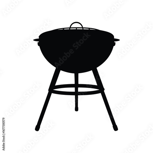 Black silhouette illustration of a round charcoal grill with lid and legs, camp grill silhouette vector illustration