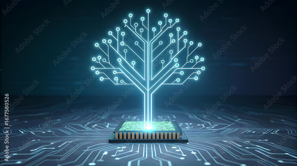 Fototapeta premium Glowing circuit board tree of knowledge emerges from microchip