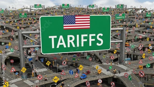 A complex network of roads and signs with a large tariffs sign and american flag on top of the roads