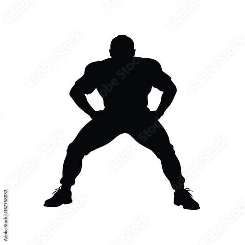 Silhouette of a bodybuilder posing with hands on hips and legs apart, defensive player stance silhouette vector illustration