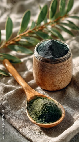 Matcha Powder and Bowl With Bamboo Spoon on Textured Fabric Near Green Leaves.