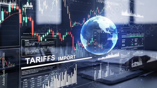 Display showing stock market charts with globe and tariffs import text overlayed on the screen