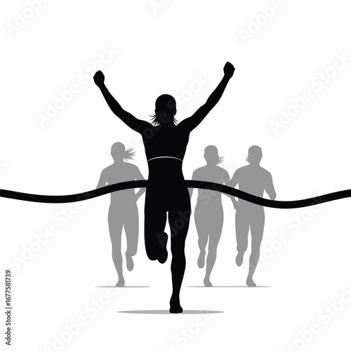 Silhouette of a woman runner breaking the finish line ribbon, isolated on white background