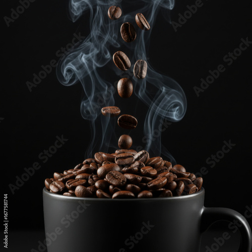 Coffee beans falling into a cup on black background