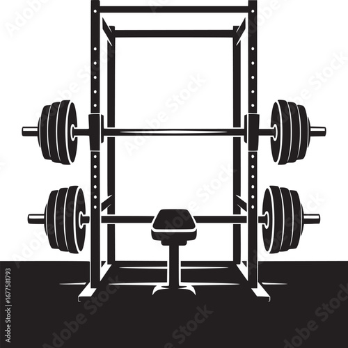 A black and white illustration of a weight rack with two barbells and a bench in the center frame