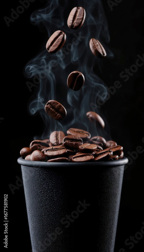 Coffee beans falling into a cup on a black background