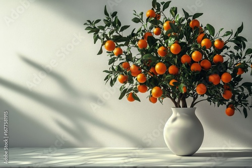 Orange Tree Branches With Fruit in a White Vase Against a Plain Wall at Midda...