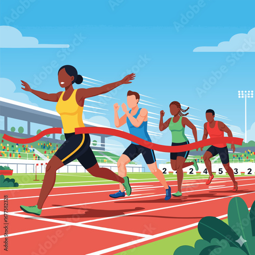 Illustration of a female athlete winning a race, crossing the finish line with other runners behind