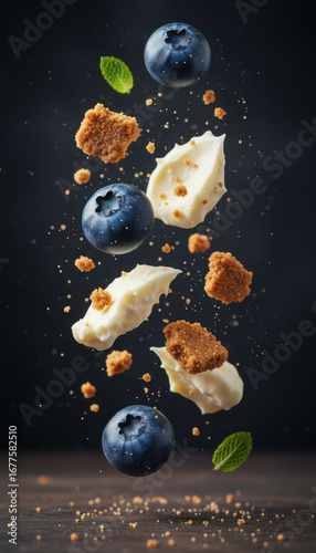 A bunch of blueberries falling into the air