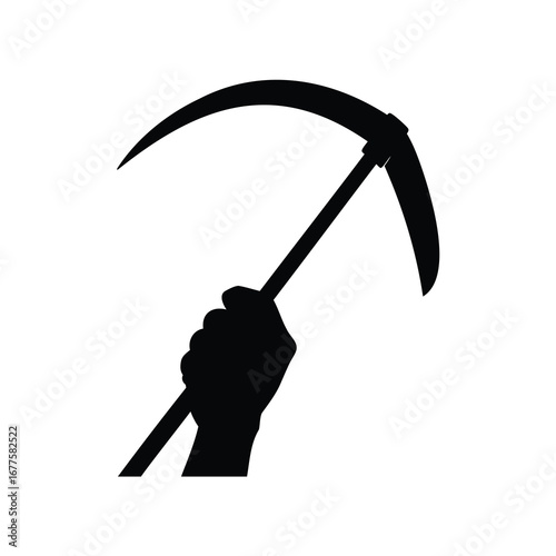 Silhouette of a hand holding a scythe against a white background, hand sickle silhouette vector illustration