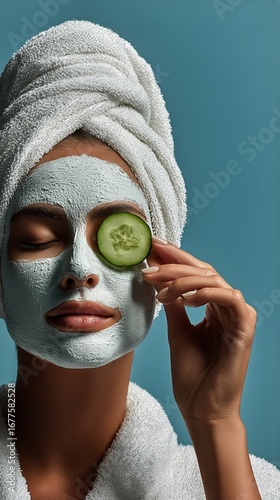 Spa Day for Relaxation With Facial Treatment and Cucumber Slice on Eyes in Br...