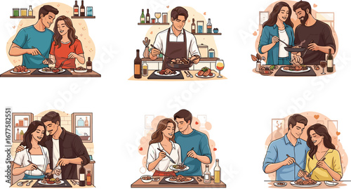 Couple cooking together in kitchen, preparing delicious homemade food, romantic dinner, sharing recipes, and enjoying happy lifestyle with love illustration.