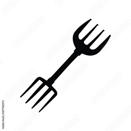 A silhouetted illustration of a twoheaded pitchfork used for farming purposes, hay fork silhouette vector illustration